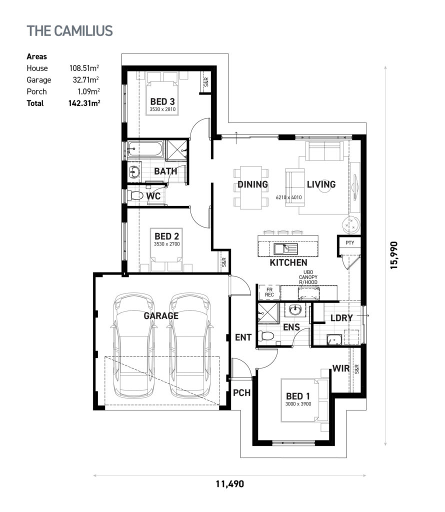 The Camilius floor plan - 3 bedroom 2 bathroom home design (142.31m²) by Ideal Homes