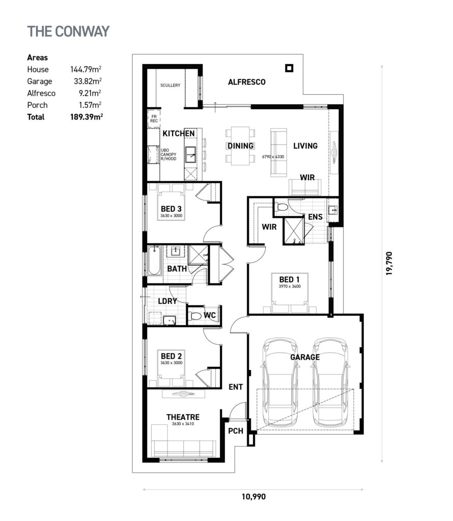 The Conway floor plan - 3 bedroom 2 bathroom home design (189.39m²) by Ideal Homes