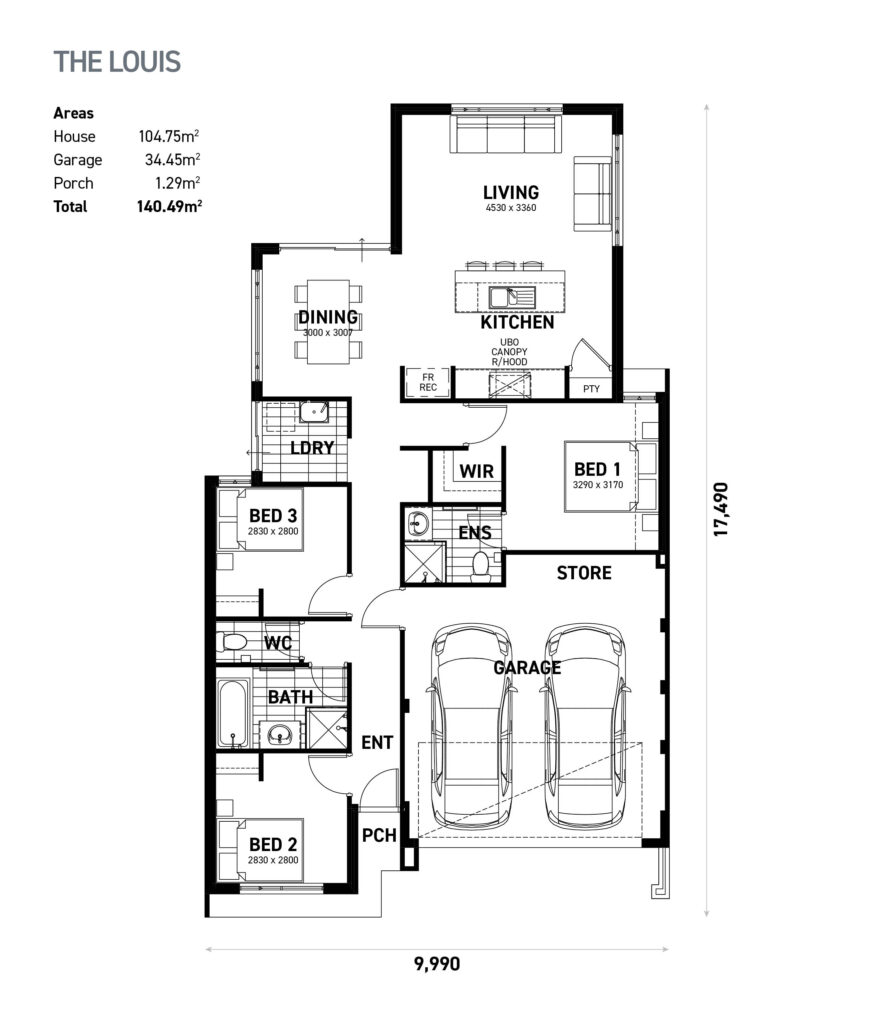 The Louis floor plan - 3 bedroom 2 bathroom home design (140.49m²) by Ideal Homes