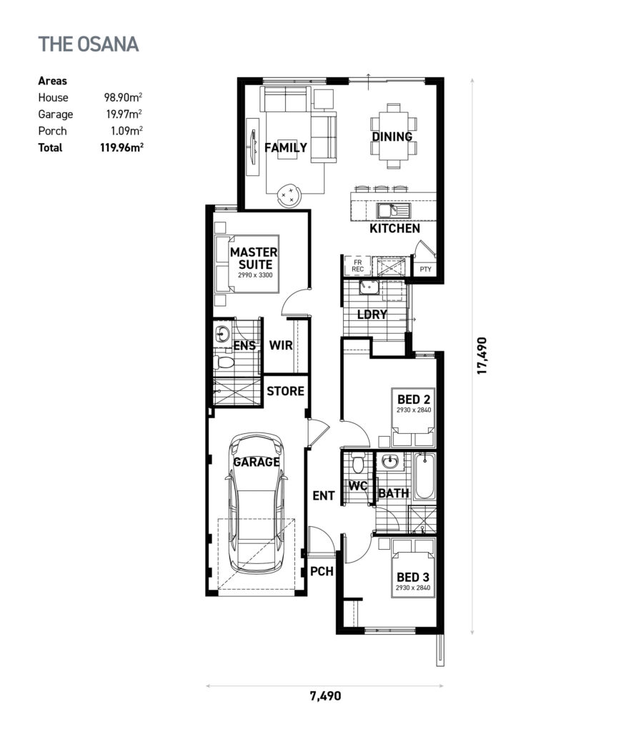 The Osana floor plan - 3 bedroom 2 bathroom home design (119.96m²) by Ideal Homes