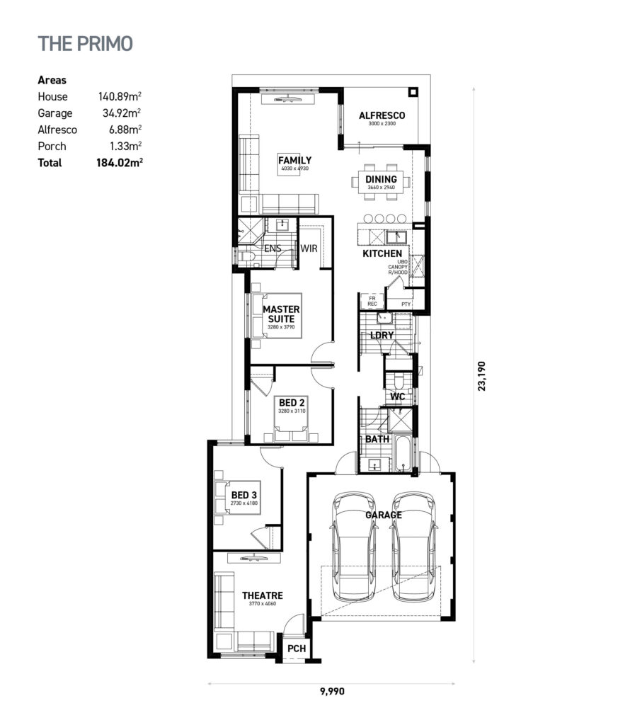 The Primo floor plan - 3 bedroom 2 bathroom home design (184.02m²) by Ideal Homes