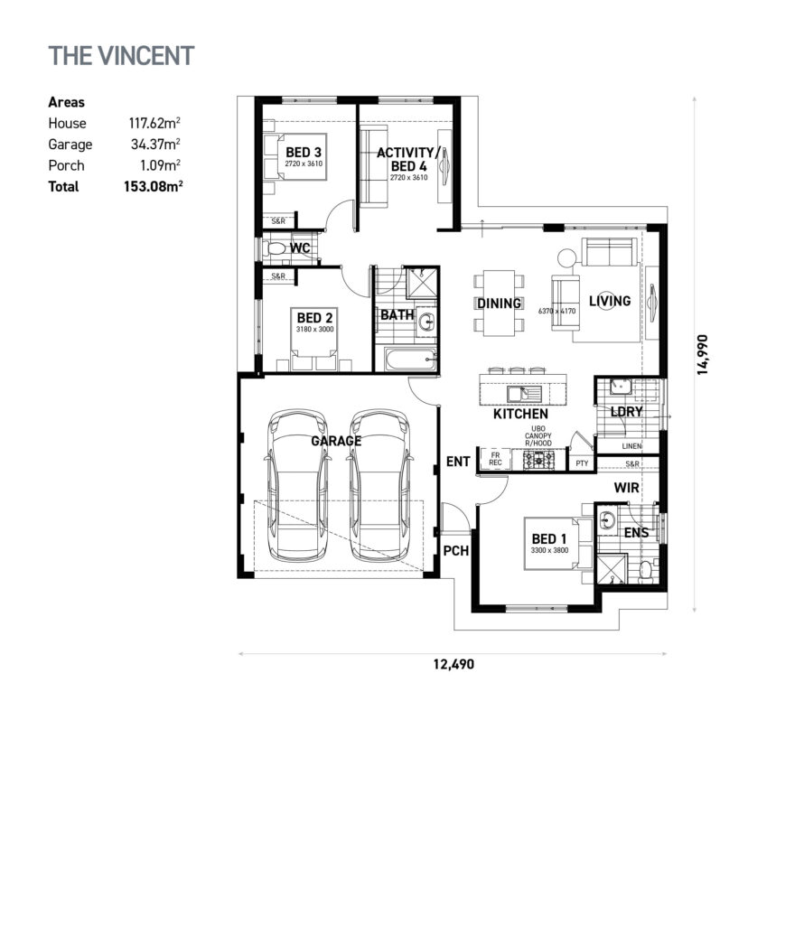 The Vincent floor plan - 3 bedroom 2 bathroom home design (153.08m²) by Ideal Homes