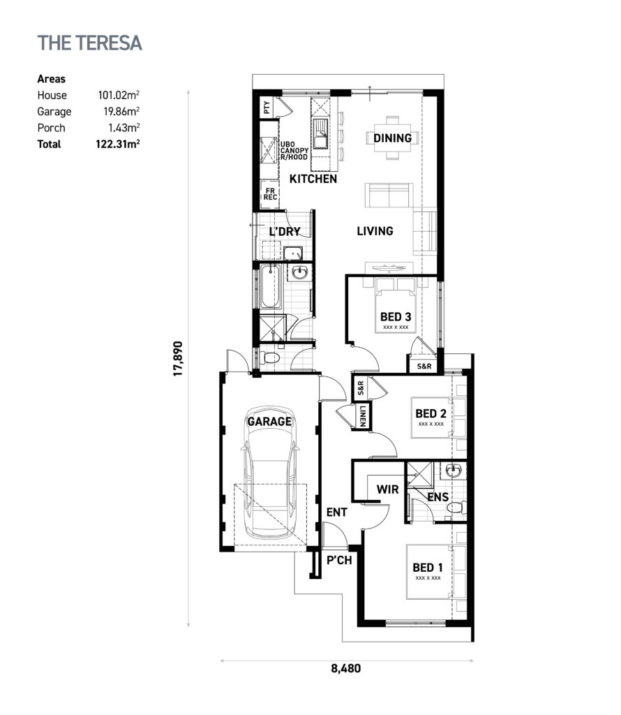 The Teresa floor plan - 3 bedroom 2 bathroom home design (122.31m²) by Ideal Homes